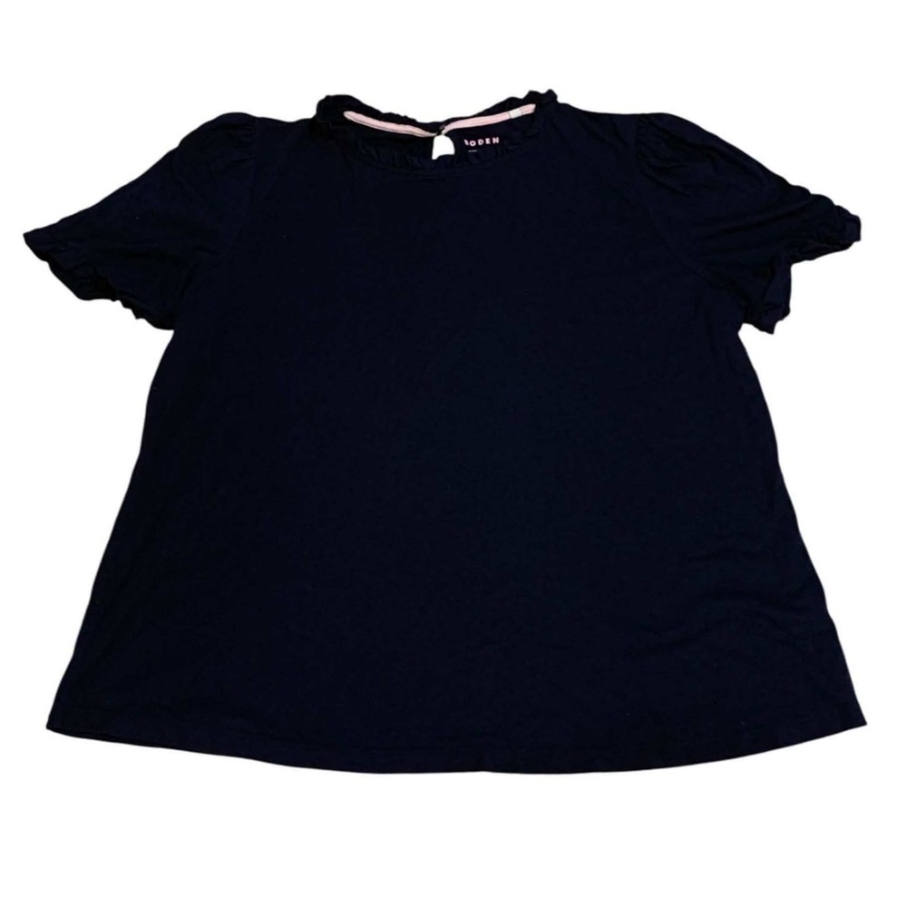 Boden Ruffle Top Womens 16/18 Navy Short Sleeve Puff Knit Dark Academia Style